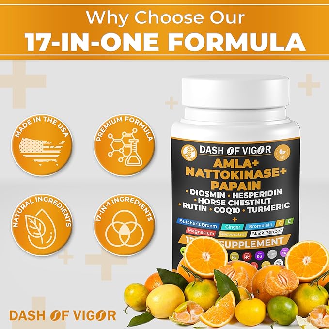 Dash of Vigor 17-in-1 Amla Extract, Papain Supplement, Nattokinase Diosmin Hesperidin Supplement, CoQ10 with Turmeric Extract, Horse Chestnut Extract, Vitamin C and Rutin, USA, 60 Capsules