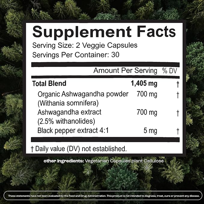 Organic Ashwagandha Capsules, Extra Strength | Ayurvedic Supplement for Stress, Mood & Energy Support | with Black Pepper - 60 Count (1405 mg)