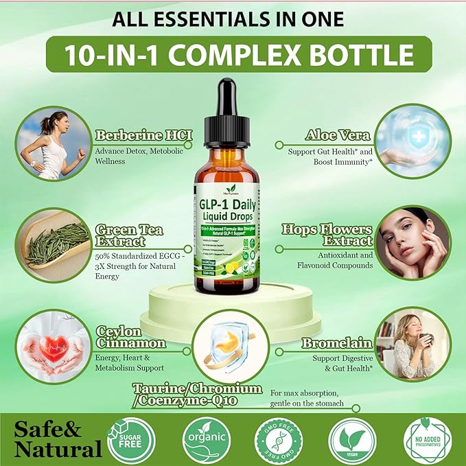 GLP-1 Supplement Liquid Drops, GLP1 Activate Fiber w. Berberine 800mg Cyelon Cinnamon Green Tea Bromelain, Naturally GLP-1 Support for Metabolic, Gut & Digestive Health* Immune & Energy Support