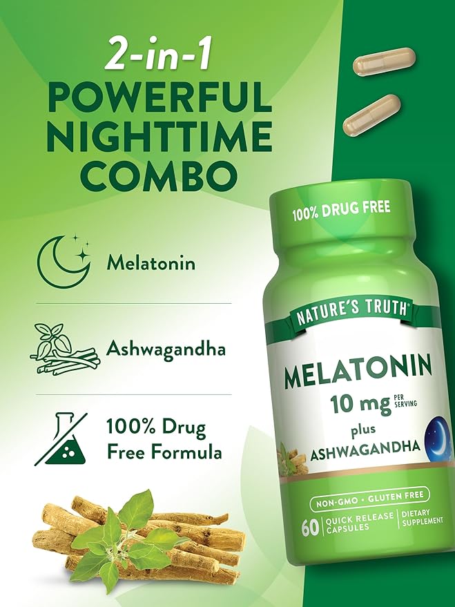 Nature's Truth Melatonin 10mg with Ashwagandha | 60 Capsules | Non-GMO & Gluten Free Supplement for Adults