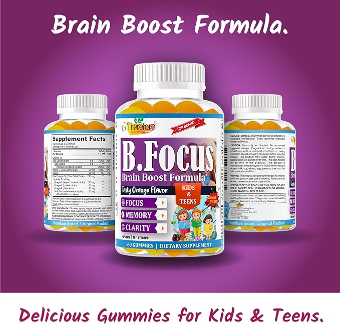 Therefore Kids Brain Booster Supplement Omega 3 for Kids & Teens, Focus Gummies Support Mental Clarity, Attention Concentration, Brain Supplements for Memory and Focus, Fruity Flavor 60 Gummy