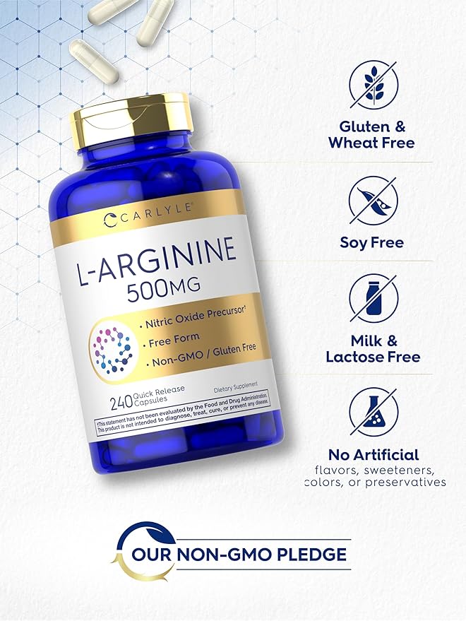 Carlyle L-Arginine 500mg Capsules | 240 Count | Free Form | Non-GMO & Gluten Free Supplement