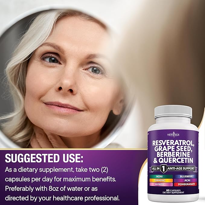 NEW AGE Resveratrol, Berberine, Grape Seed Extract, Quercetin, Polyphenol Supplement for Women and Men with Noni Extract, N-Acetyl Cysteine, Acai Extract - 120 Capsules
