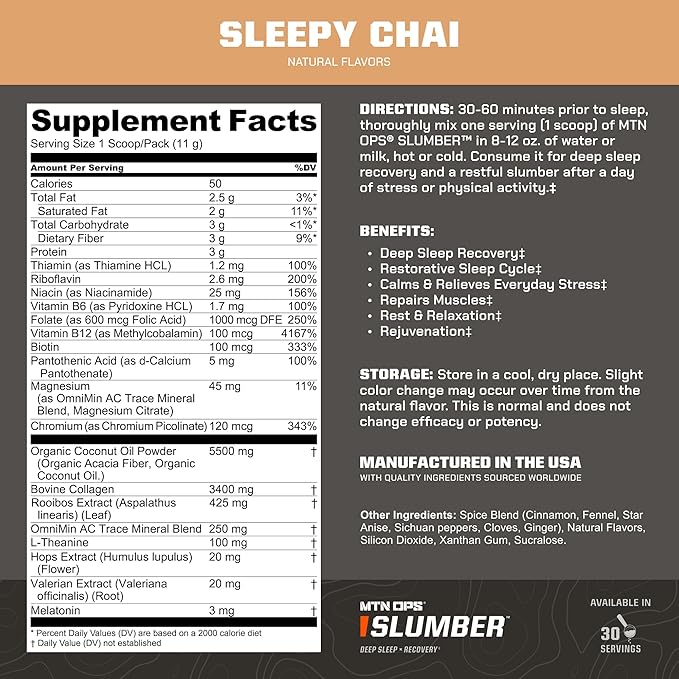 MTN OPS Slumber Sleep Aid for Muscle Recovery & Deep Sleep, Sleepy Chai Sleep Support Powder Drink Mix, 30 Servings