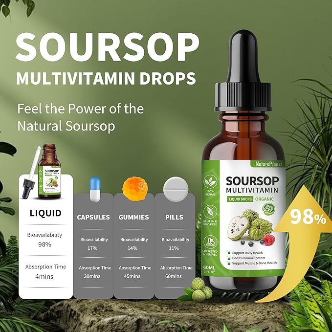 Organic Soursop Bitters Liquid Drops with Vitamin B6, C, D3 Soursop Multivitamin Liquid for Gut Detox Bone Health & Immune Boost Daily Health Support Gluten-Free Vegan & Organic - 4 Fl Oz, 120 ml