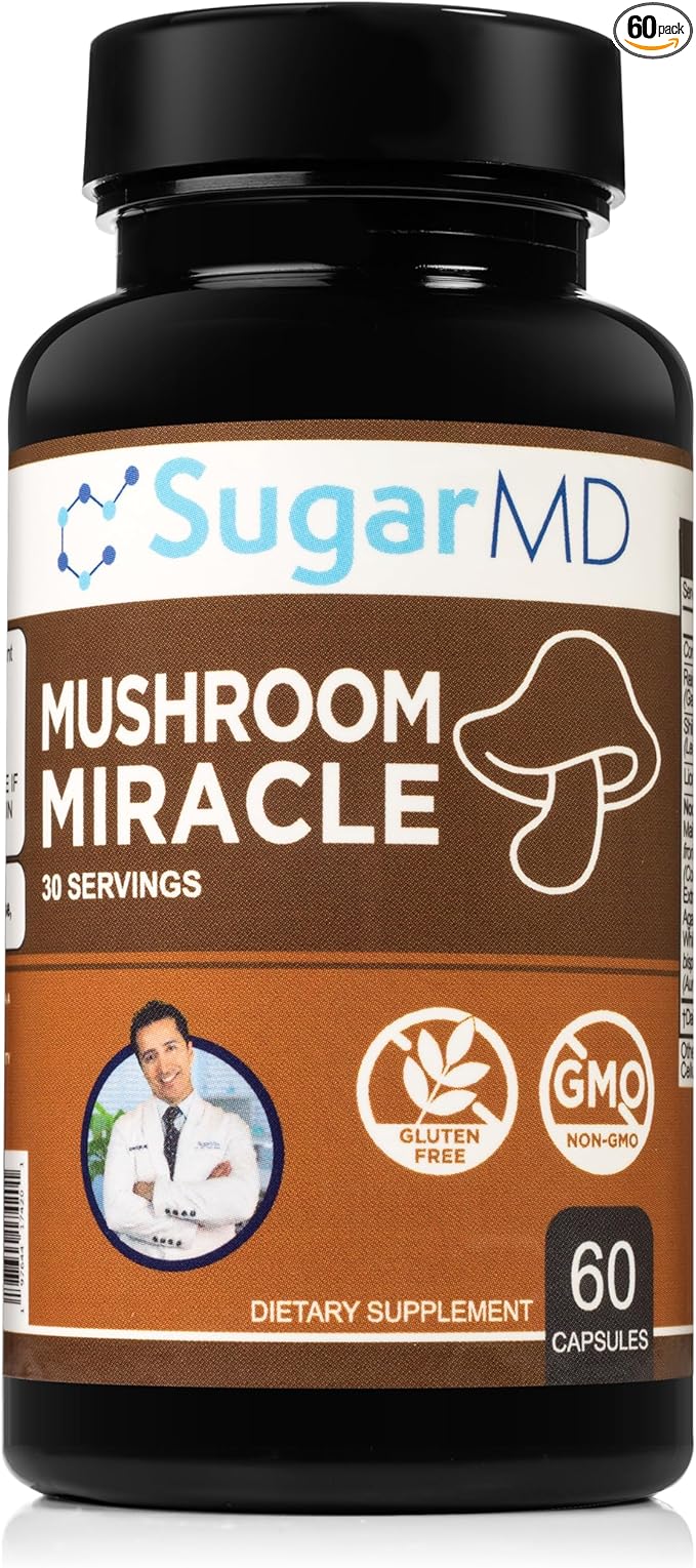 SugarMD Mushroom Miracle | Mushroom Supplements for Immunity | Has Shiitake, Reishi, Maitake, Cordyceps, Lion Mane, Turkey Tail | Doctor Formulated | Non-GMO & Gluten-Free (60 Capsules)