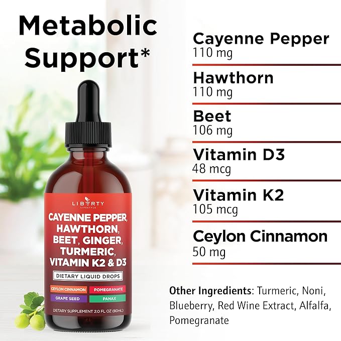Cayenne Pepper Supplement Liquid Drops + Hawthorn Berry, Vitamin D3 K2 Beet Root Powder, Ceylon Cinnamon, Turmeric Curcumin, Organic Panax Ginseng - 2oz