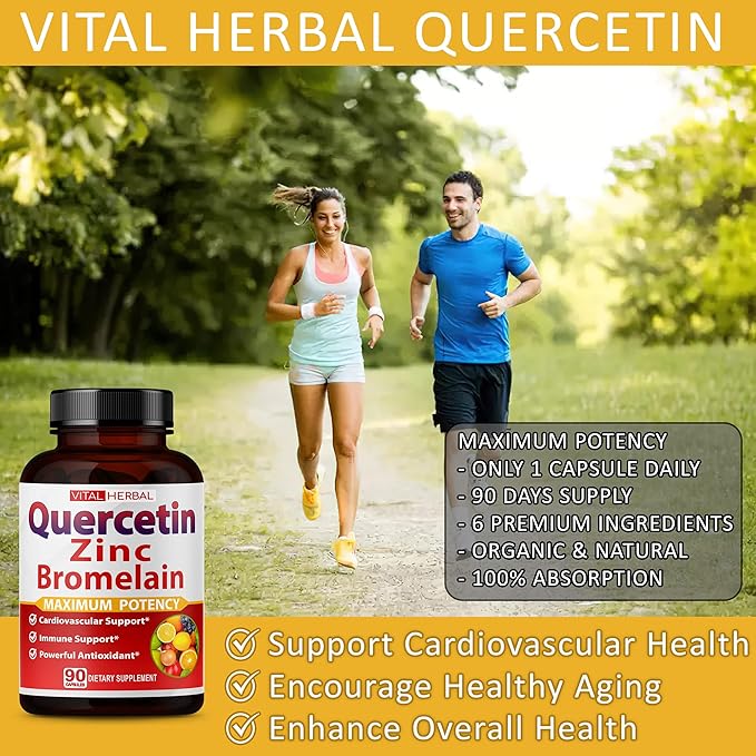 Premium High Purity Quercetin 98% with Bromelain Capsules Equivalent to 3470 mg - Maximum Potency with Green Tea Ashwagandha - Supports Overall Health Strength Energy - 90 Days Supply