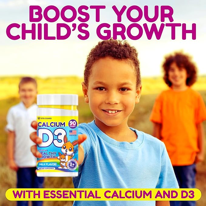 Calcium D3 Chewable Tablets for Kids โ 640 mg Calcium & 320 IU Vitamin D3 โ Non-GMO, Milk Flavor โ Bone & Teeth Support Supplement โ 90 Tablets for Ages 2+