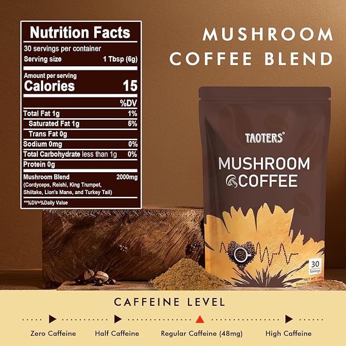 Mushroom Coffee Organic | Enhanced Focus, Boosted Immunity, Improved Energy | 6 Adaptogenic Mushrooms: Cordyceps, Reishi, King Trumpet, Shiitake, Lion's Mane & Turkey Tail | 30 Servings
