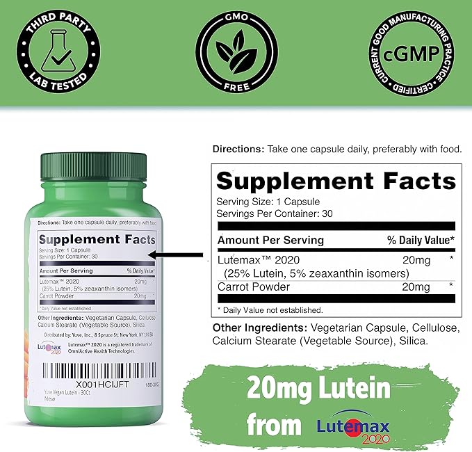 Yuve 20mg Lutein & Zeaxanthin Eye Health Supplement with Clinically Studied Lutemax 2020 Carotenoid Complex - Supports Dry Eyes, Fatigue & Vision Clarity - 30 Vegan Capsules