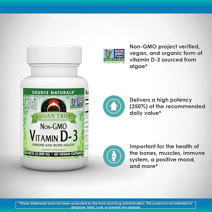 Source Naturals Vegan True, Non-GMO Vitamin D-3, Dietary Supplement for Immune and Bone Health*, 2,000 IU - 60 Capsules