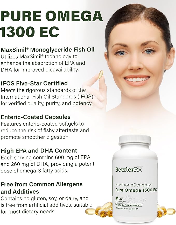 Omega 1300 EC Fish Oil Softgels - High-Strength Omega 3 Supplement with Enhanced Absorption - IFOS Verified, Enteric Coated, 600mg EPA, 260mg DHA - 120 Count