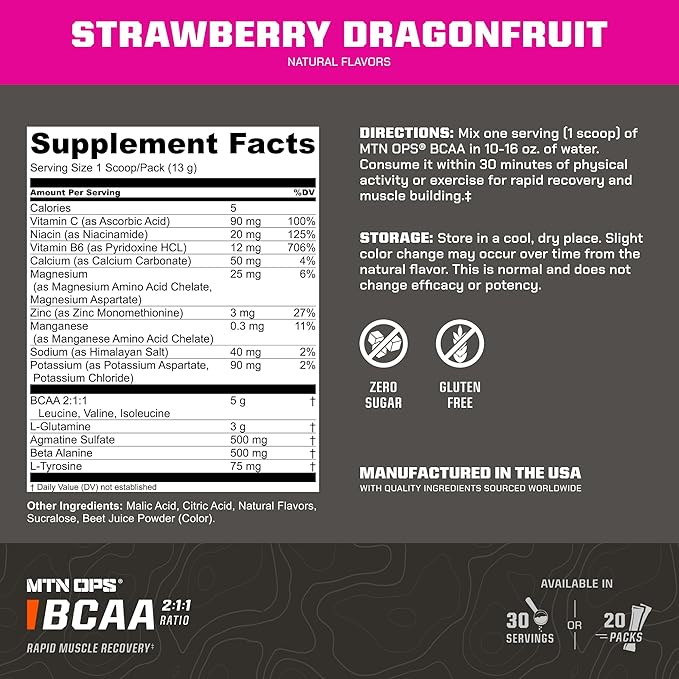 MTN OPS BCAA 2:1:1 Amino Acids Supplement Powder for Rapid Muscle Recovery & Repair with Zero Sugar & Gluten Free (30-Serving Tub, Strawberry Dragonfruit)