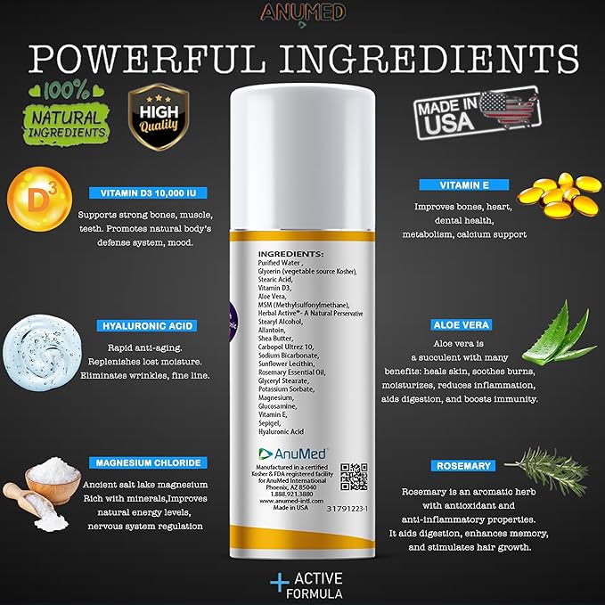AnuMed Vitamin D3 10,000 IU Oil-Free Cream with Magnesium + Hyaluronic Acid, Vitamin E. Moisturizing Cream for Dry Skin. Non-Greasy, Non-GMO, 100% Vegan, Gluten-Free (3oz)