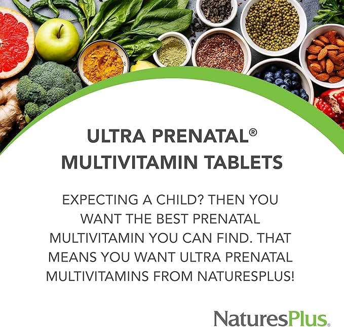 NaturesPlus Ultra Prenatal Multivitamin - 800 mcg Folate, 90 Vegetarian Tablets - Prenatal Supplement with Iron, Iodine, Calcium & B-Complex Vitamins - Gluten-Free - 45 Servings