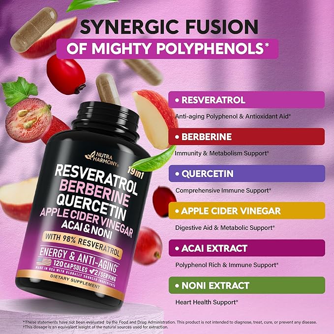 Resveratrol Supplement - 19-in-1 Organic Polyphenol Complex - Noni Extract | Berberine | Quercetin | Apple Cider Vinegar | Acai - Made in USA - Antioxidant & Heart Health Support - 120 Capsules