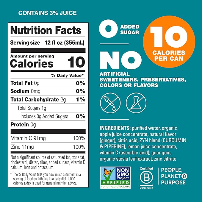 ZYN Turmeric Wellness Drink (24 Pack), Lemon Ginger Flavored Turmeric Curcumin Drink with Black Pepper, No Added Sugar, Low Carb & Low Calorie Drink, Clean Alternative