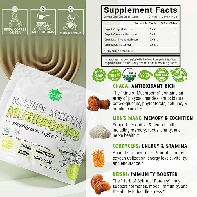 Maju Superfoods Mental Mushroom Powder Extract, Strong Lions Mane, Chaga, Reishi, Cordyceps, Fruiting Bodies for Coffee, Immune System Booster, Nootropic Brain Supplement, Memory, Organic Mushrooms