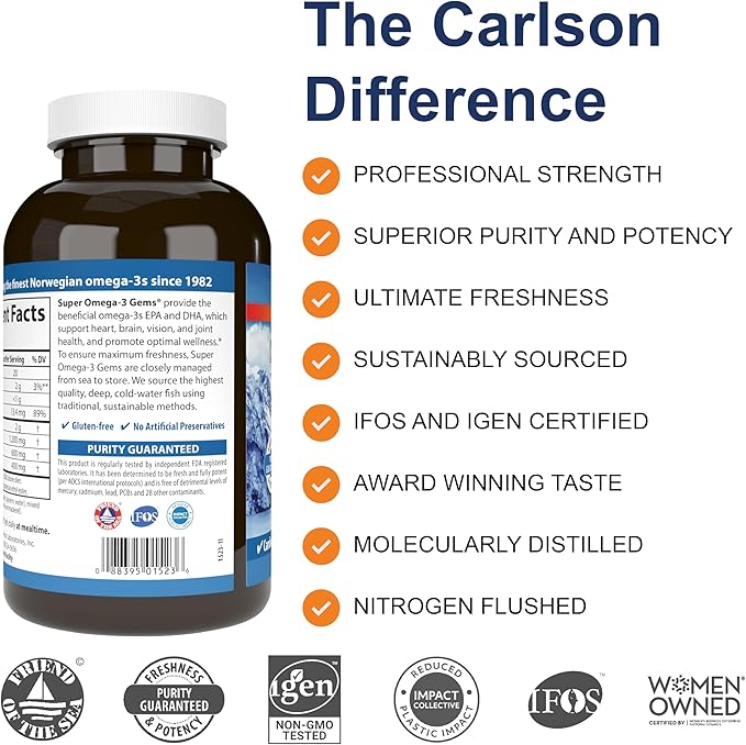 Carlson - Super Omega-3 Gems, 1200 mg Omega-3 Fatty Acids with EPA and DHA, Wild-Caught Norwegian Fish Oil Supplement, Sustainably Sourced Capsules 300 Softgels