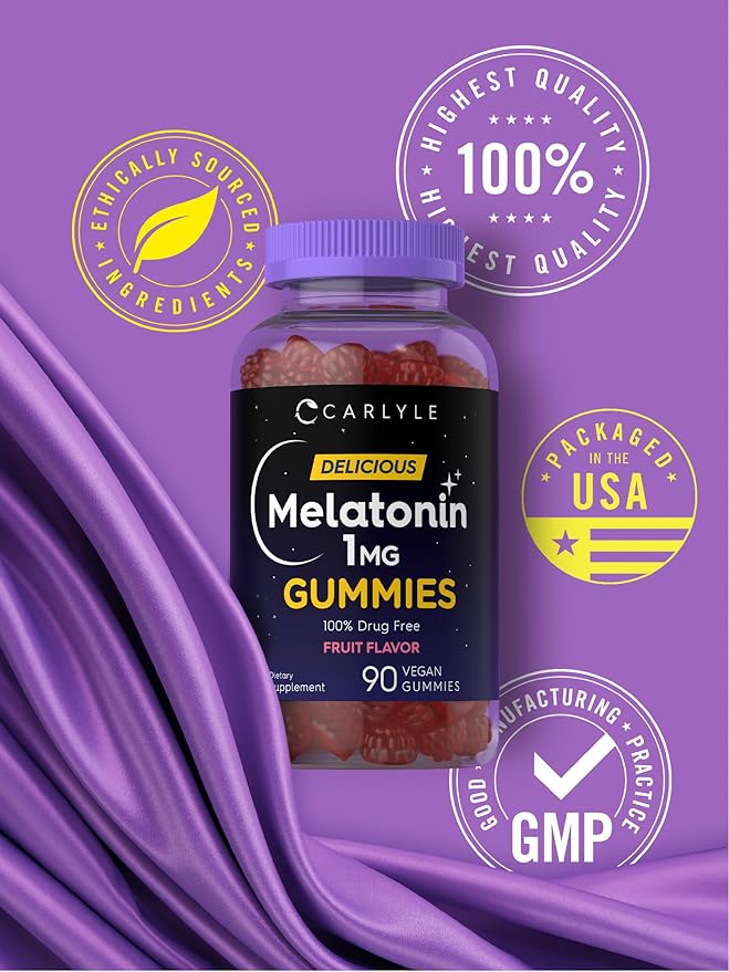Carlyle Melatonin 1mg Gummies | 90 Count | Fruit Flavor Gummy Supplement | Vegan, Non-GMO, Gluten Free