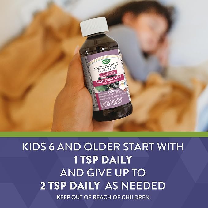 Nature's Way Sambucus Elderberry Nighttime Syrup for Kids with Melatonin, Immune Support*, 4 Fl Oz
