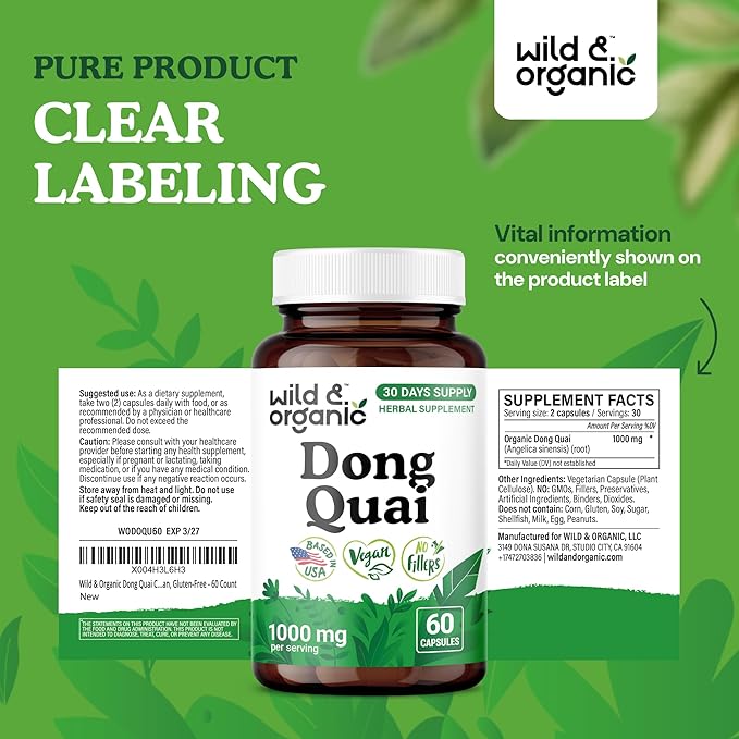 Wild & Organic Dong Quai Capsules for Women - 1000 mg per Serving - Dong Quai Root Supplement - 30-Day Supply - Traditional Angelica Sinensis - Non-GMO, Vegan - 60 Count