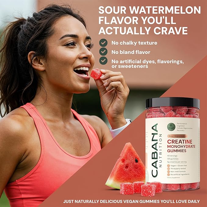 Creatine Monohydrate Gummies 5g - Watermelon Flavored Creatine for Women and Men - Supplement Supports Muscle Gain, Energy, Pre and Post Workout, Focus & Cognition, Recovery (120 count, 40 servings)