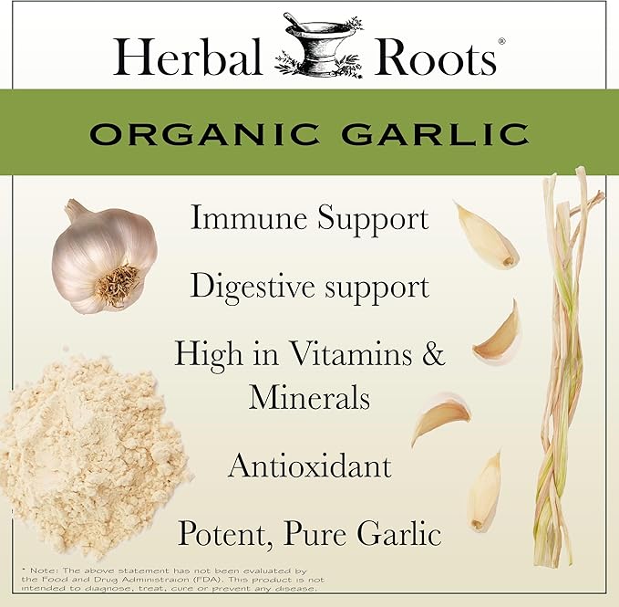 Herbal Roots Organic Whole Bulb Garlic Pills - Potent Extra Strength | 600 mg - 60 Organic Vegan Capsules