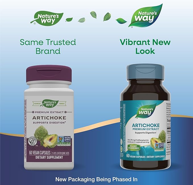 Nature's Way Artichoke Premium Extract, Supports Digestion*, Non-GMO Project Verified, Vegan, Gluten-Free, 60 Capsules (Packaging May Vary)