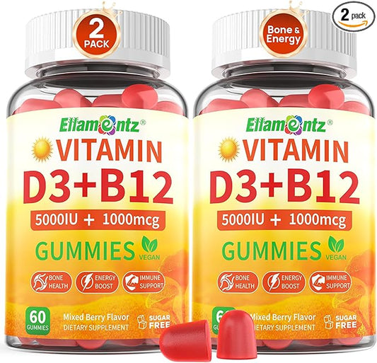 Vegan Vitamin D3 5000 IU + Vitamin B12 1000 mcg Gummies, High Absorption Vitamin D3 and B12 for Adults, Sugar-Free, 120 Gummies