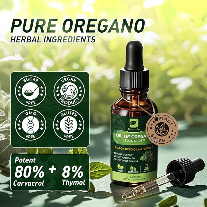 B BEWOTHS Oregano Oil Drops, Oil of Oregano with Black Seed Oil, Vitamin E, Wild Harvest Oil of Oregano Liquid Herbal Blend for Immune, Antioxidant, Digestive Gut Cleanser, Kidney Health Support-Vegan