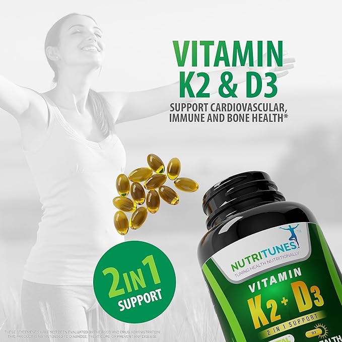 Vitamin K2 + D3 - Supports Heart, Bone & Immune Health - 100 mcg K2 (MK-7) & 5000 IU D3 - Non-GMO, Free from Gluten, Soy, & Lactose - 120 Softgels, 4-Month Supply