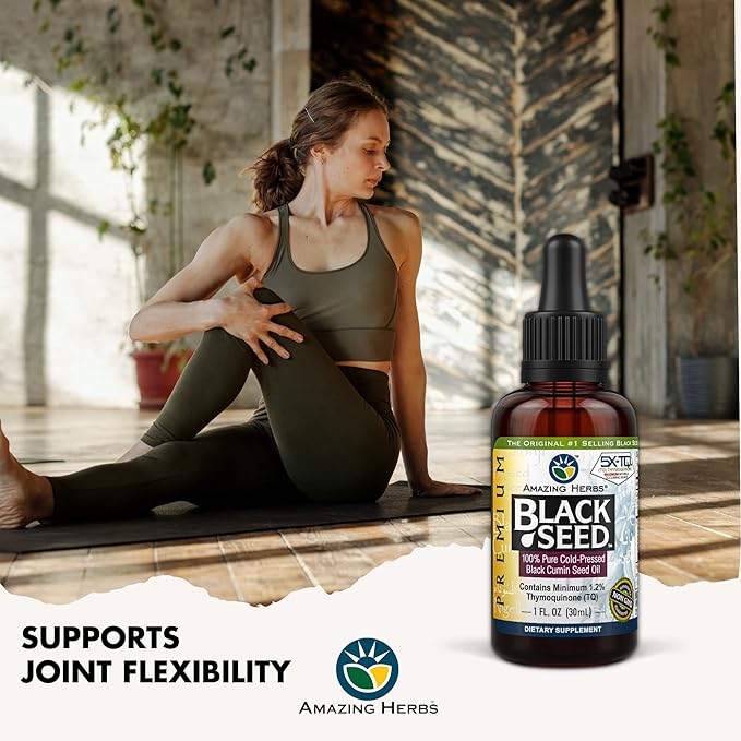 Amazing Herbs Premium Black Seed Oil - Gluten Free, Non GMO, Cold Pressed Nigella Sativa Aids in Digestive Health, Immune Support, Brain Function, Joint Mobility - 1 Fl Oz