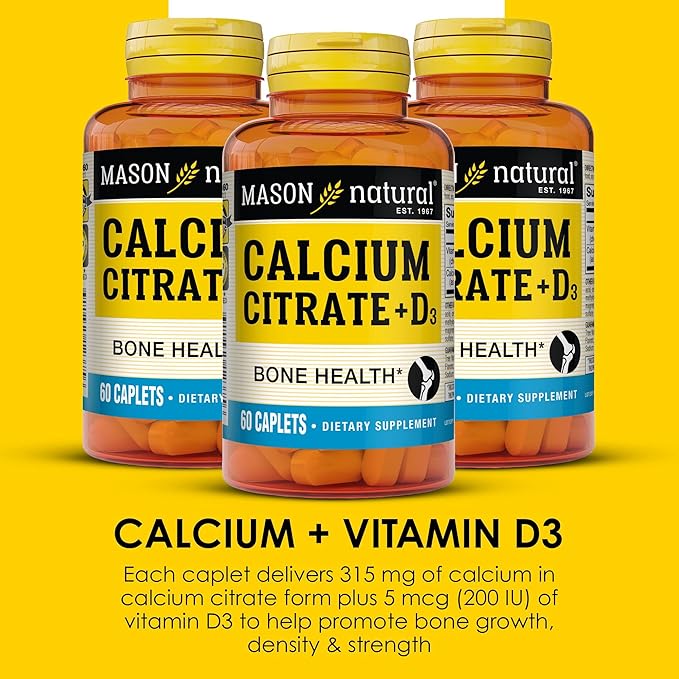 MASON NATURAL Calcium Citrate Plus Vitamin D3, 2 Month Supply, Strengthens Muscle Function & Bone Health, 60 Caplets