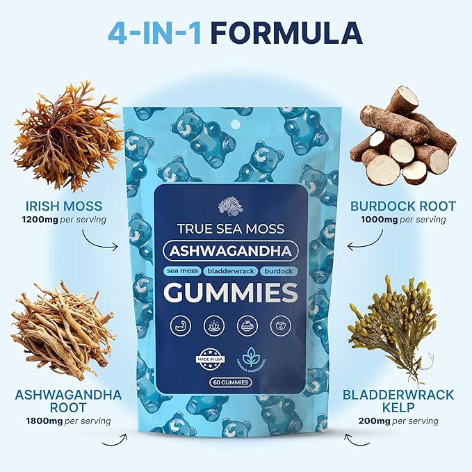 Ashwagandha Gummies for Women & Men – Vegan Herbal Blend with Sea Moss, Bladderwrack & Burdock, 60 Gummies in Pouch (30-Day Supply)