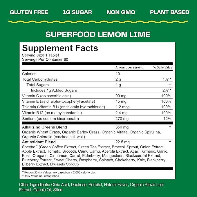 Amazing Grass Effervescent Tablets: Green Superfood Water Flavoring Tablet with Antioxidants & Alkalizing Greens, Lemon Lime, 60 Count