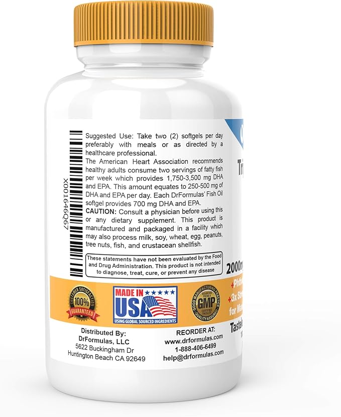 DrFormulas 2000mg Triple Strength Omega 3 Fish Oil with EPA and DHA, 180 Burpless Softgels