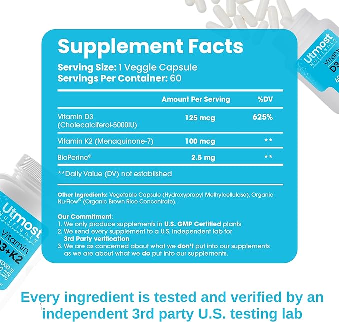 Vitamin D3 with K2-5000iu Vitamin D and 100 mcg Vitamin K Supplement in one Capsule for Maximum Bioavailability - Enhances Calcium Absorption for Cardiovascular, Immune and Bone Health (60 Capsules)