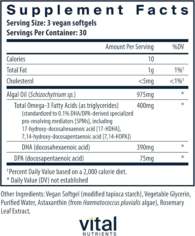 Vital Nutrients Ultra Pure® Vegan Omega SPM+ | Vegan Specialized Pro-Resolving Mediators (SPM) Omega-3 Supplement | Minor Joint Discomfort Relief* | Gluten, Dairy, Soy Free, Non-GMO | 90 Mini Softgels