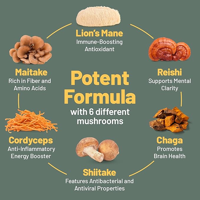 Vegan Vitality Multi Mushroom Supplement Complex - 120 Capsules with Reishi, Chaga, Shitake, Maitake, Lion's Mane and Cordyceps for Brain, Energy, Focus & Memory Support