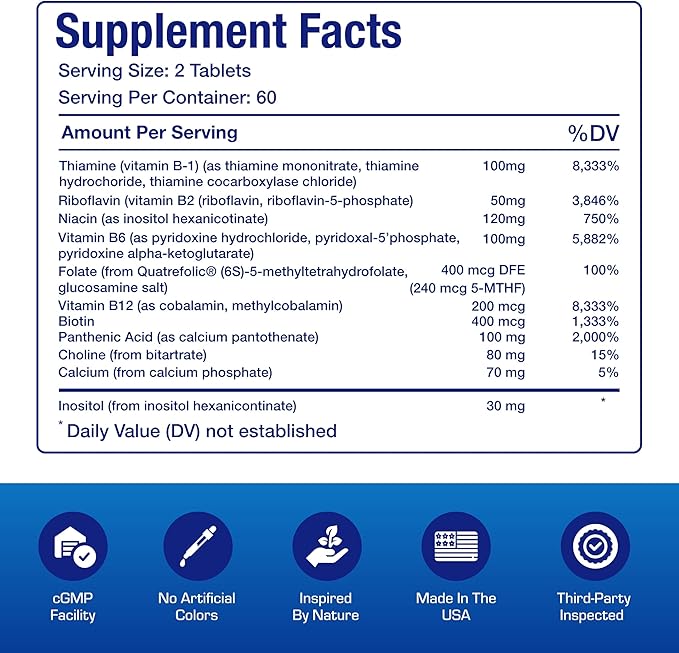 Super B Complex Methylated & Time Released - Bio Active B Complex Vitamin Supplement with Choline Inositol & 8 B Vitamins for Nervous System and Energy Metabolism Support - 2 Month Supply