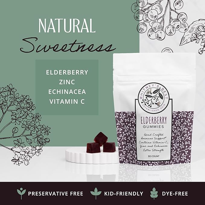 Whitney's Best Elderberry Gummies 30ct, Pure Elderberry, Immune Support Supplement with Vitamin C, Zinc, and Echinacea for Adults & Kids, No Preservatives, Dyes or Gelatins, Vegan
