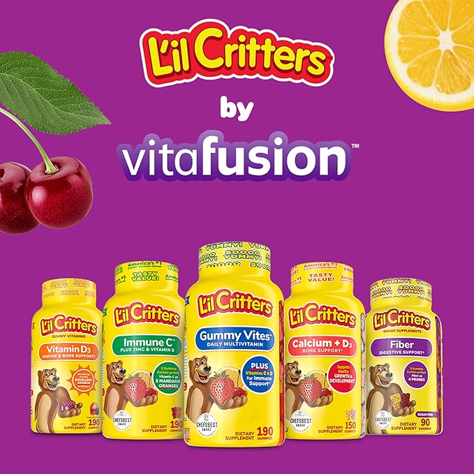 L’il Critters Fiber Daily Gummy Supplement for Kids, for Digestive Support, Berry and Lemon Flavors, 90 Gummies