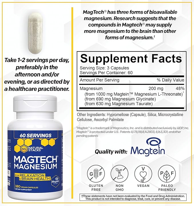 MagTech Magnesium Supplement - 3 Forms of Magnesium: Magtein L-Threonate, Glycinate & Taurate - 200mg Chelated Magnesium Complex - Supports Relaxation & Brain Health - 180 Capsules
