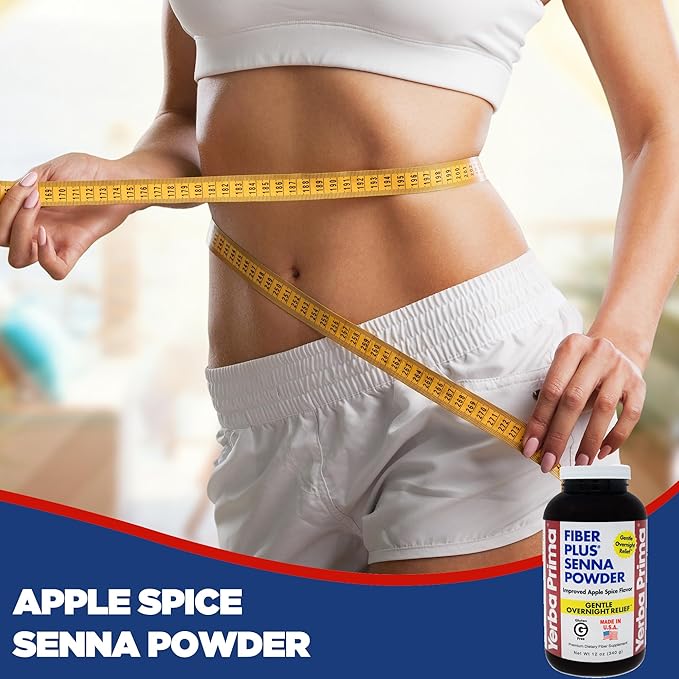 Yerba Prima Fiber Plus Senna Powder, 12 oz (Pack of 1) - Apple Spice Flavor, Gentle Overnight Relief, USA Made, Non-GMO, Stevia Sweetened, Short-Term Use to Restore Regularity