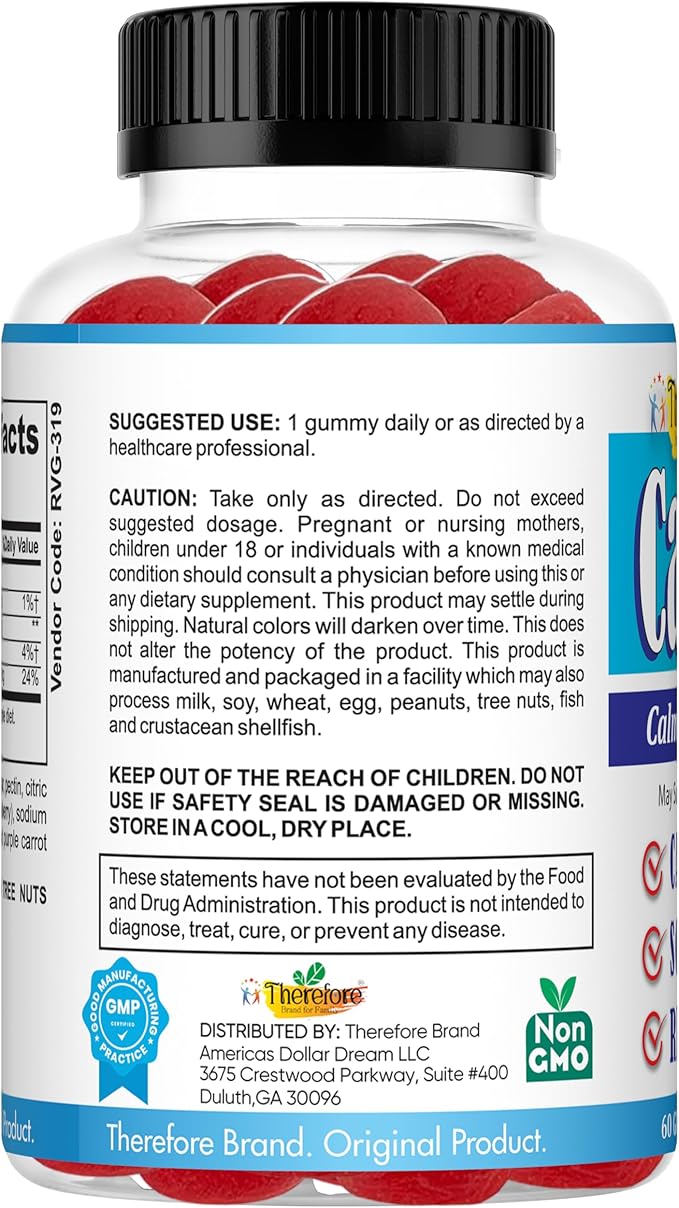 Therefore Magnesium Citrate Supplement for Teens, Calm Magnesium Gummies for Kids - Supports a Healthy Stress Response, Bone Health, Sleep - Gluten Free, Low Sugar (60-Day Supply)