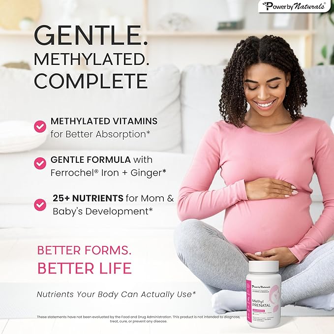 Power By Naturals Prenatal Probiotic Blend Vitamins w/Methylfolate, B12, Iron, Ginger & 27+ Essential Nutrients for Healthy Pregnancy, Prenatal Probiotics for Women, Pregnancy Probiotic, 60 Capsules