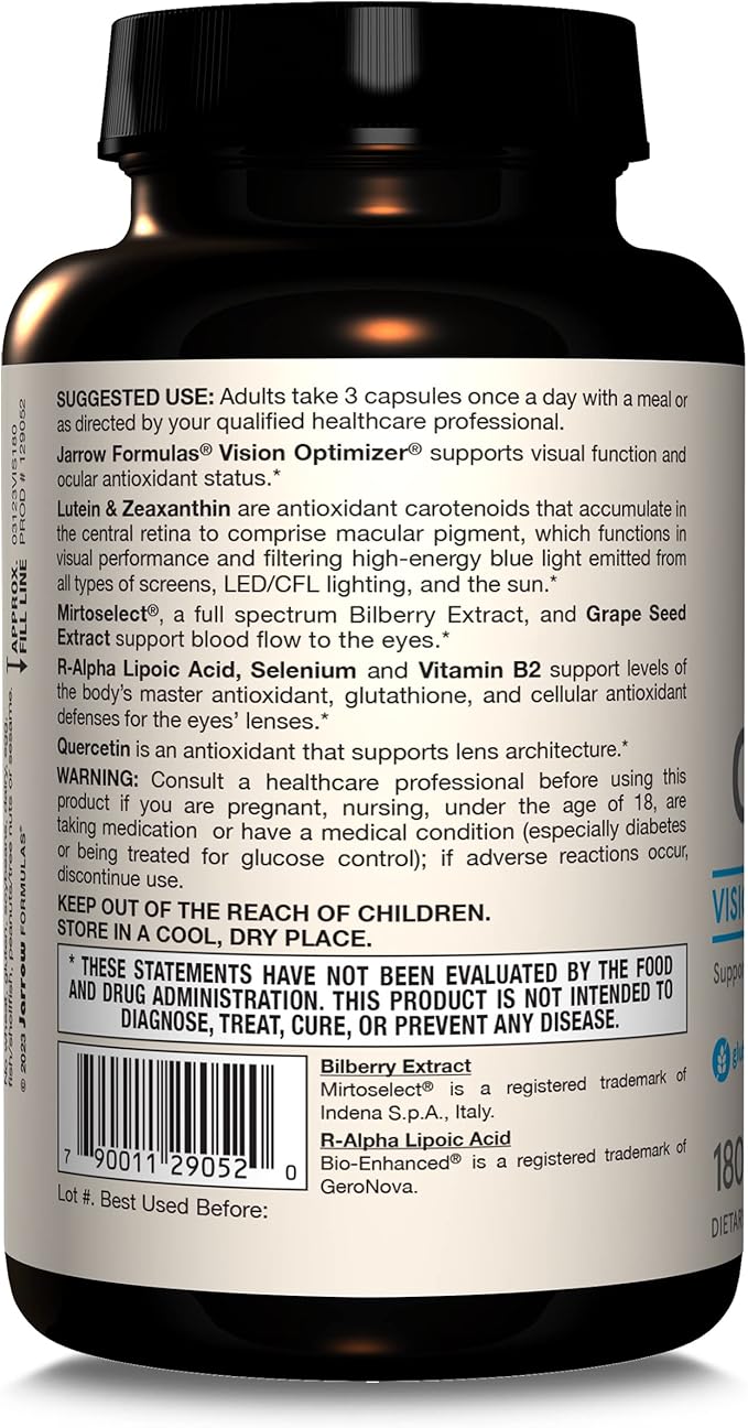 Jarrow Formulas Vision Optimizer Veggie Capsules - 180 Count - Eye Supplement - Dietary Supplement - with Grape Seed Extract, Lutein & Zeaxanthin, Quercetin & More - Non-GMO - Gluten Free