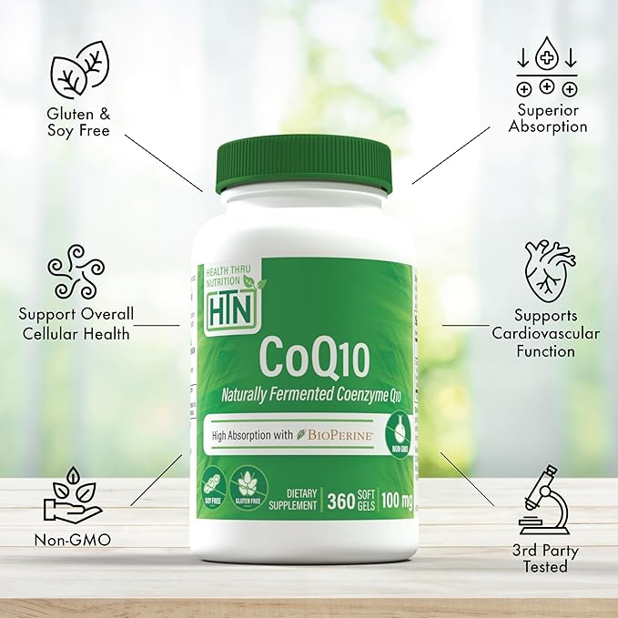 Health Thru Nutrition CoQ-10 100mg with BioPerine 360 Softgels | High Absorption Naturally Fermented USP Grade Coenzyme Q10 Supplement | 3rd Party Tested | Heart Health and Energy Support